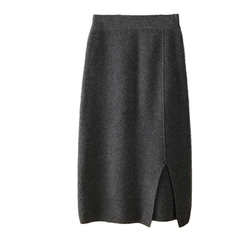 Women's Winter High Waist A- Line Knitted Mini Solid Wool Open Split Wrap Around Skirts Dark gray9 M