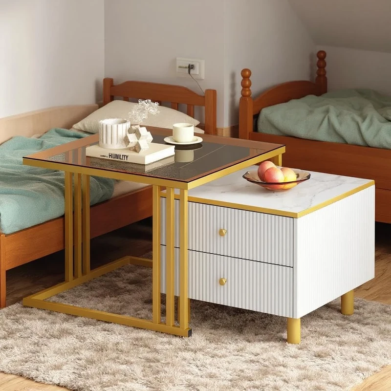 FurnitureR 1-Pack Gold+White Children's Bedside Tables, Elegant Ribbed Design, Wood+Plastic with Modern Aesthetic, Ideal for Kids' Bedrooms, Practical Storage Solution, Durable and Stylish