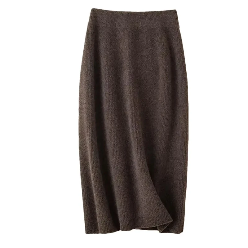 Women's Woolen Knitted Mid-Length A- Line Mini Winter Thick High Waist Cashmere Wrap Around Skirt Coffee XL