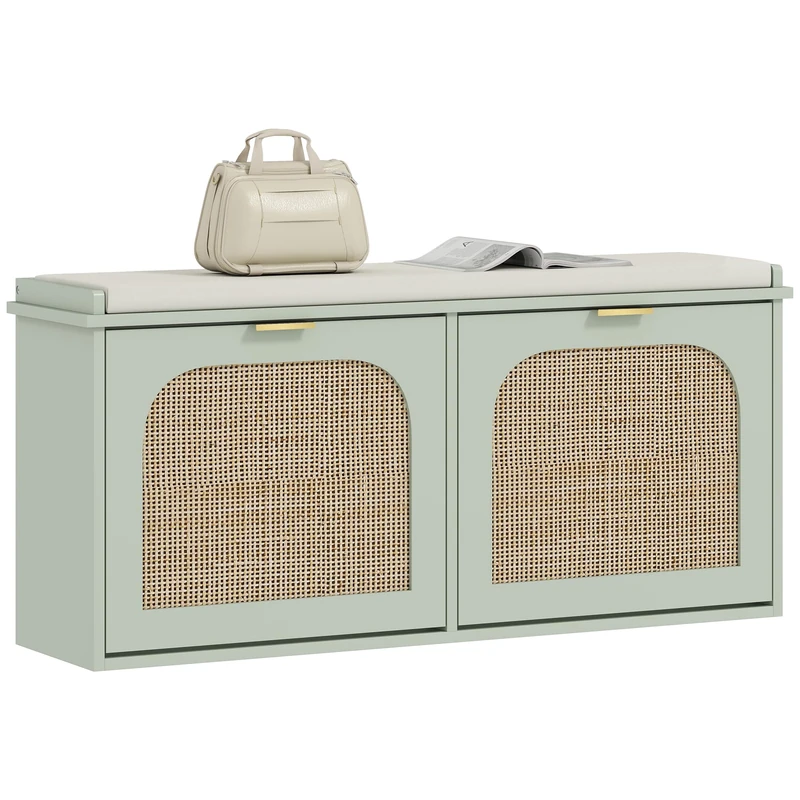 HOMCOM Narrow Shoe Bench with Padded Seat and 2 Flip-Drawers, Boho Shoe Storage Bench with Rattan Doors and Adjustable Shelves for Hallway, Entryway, Holds 10 Pairs, Light Green