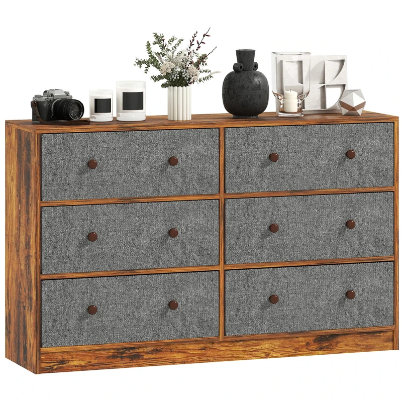 HOMCOM Chest of Drawers, Wide Dresser with 6 Fabric Drawers and Steel Frame for Bedroom, Living Room, Hallway, Grey and Rustic Brown