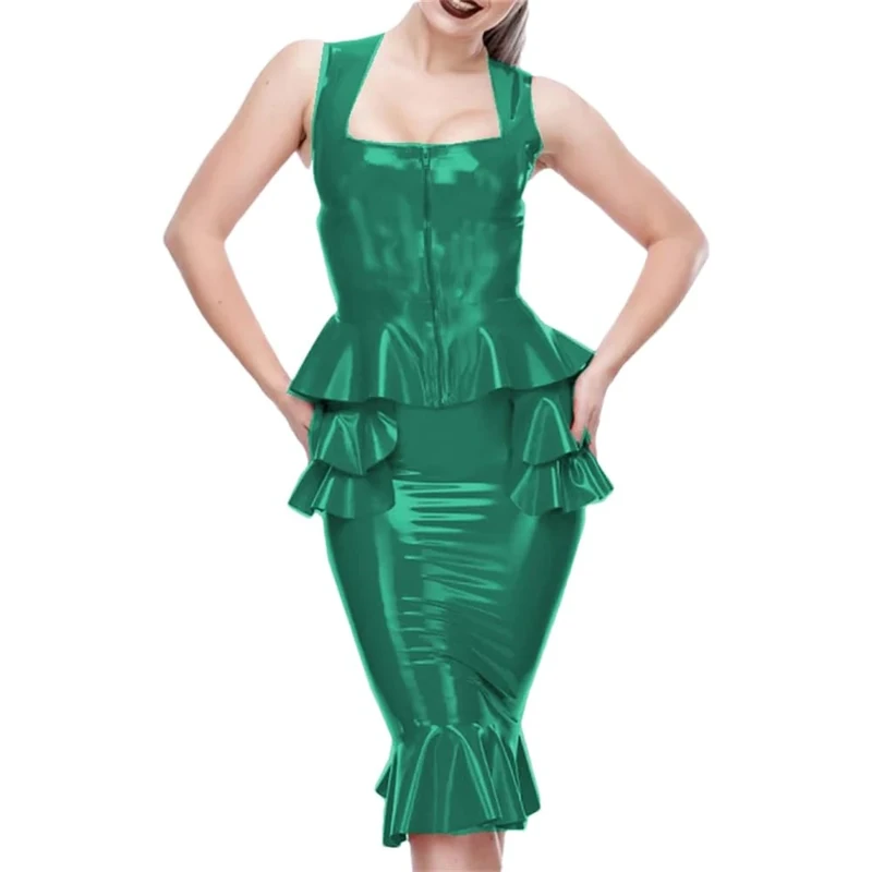 Women Skirt Sets Zipper Front Crop Tops Ruffles Pencil Mini Skirt 2 Piece Set Office Lady Outifit B-GN8 5XL