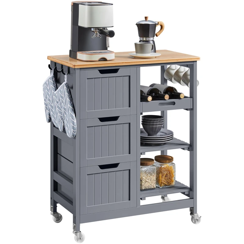 Yaheetech Kitchen Storage Trolley on Wheels, Rolling Kitchen island Cart with 3 Drawers and 3 Shelves, Mobile Storage Sevring Trolley Cart for Dining Room, Living Room, Bar, Dark Gray