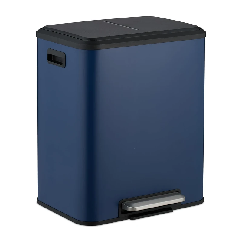 Relaxdays Kitchen Bin, 2 Compartments, 15 Litres Each, Inner Buckets, Foot Pedal, Recycling Dustbin, Soft-Close, Blue, 10% plastic 90% iron