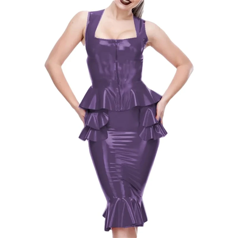 Women Skirt Sets Zipper Front Crop Tops Ruffles Pencil Mini Skirt 2 Piece Set Office Lady Outifit Dark Purple 5XL