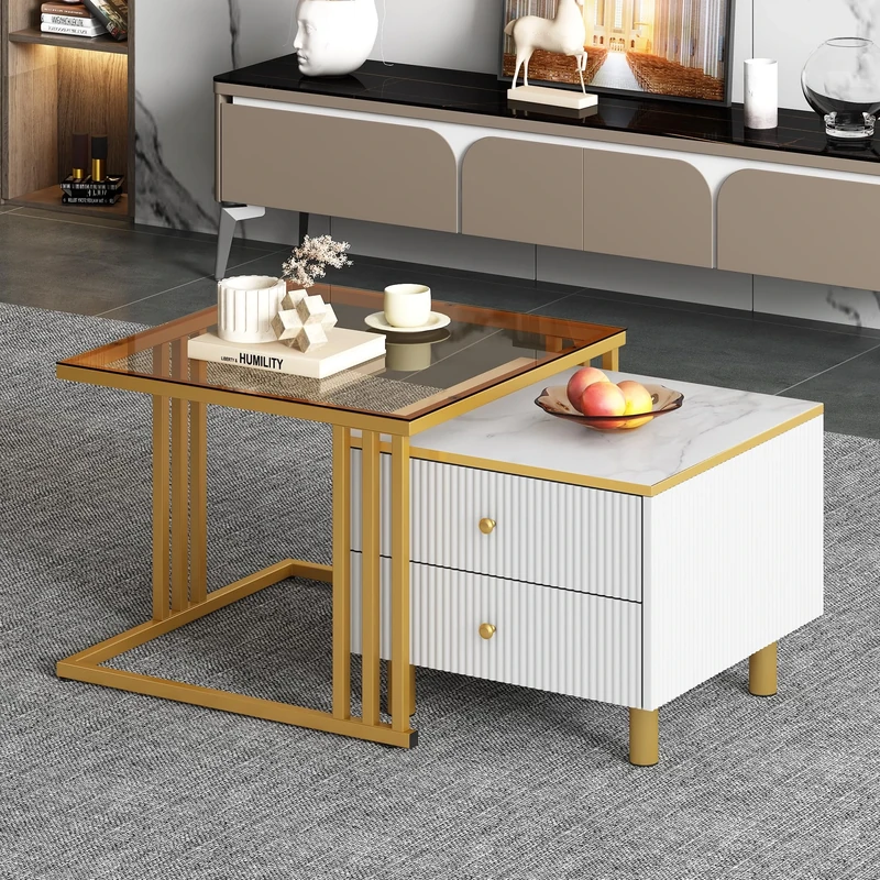 FurnitureR 1-Pack Gold+White Nesting Table, Modern Versatile Design, Wood & Plastic, Ideal Home Accent, Space-Saving with Storage Drawers