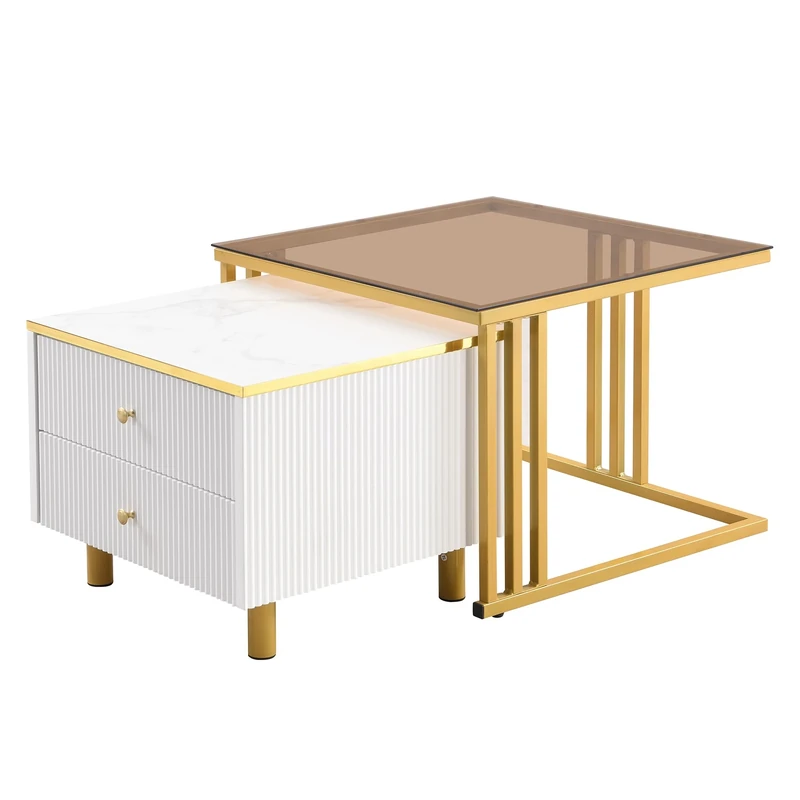 FurnitureR 1-Pack Gold+White Pedestal Table, Modern Design, Wood+Plastic Construction, Home and Office Use, Ample Storage with Dual Drawers