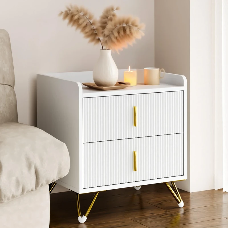 Mondeer Bedside Table with 2 Drawers, Small Nightstand Storage Cabinet with Metal Legs, for Bedroom Living Room, 50 x 40 x 50 cm, White & Gold