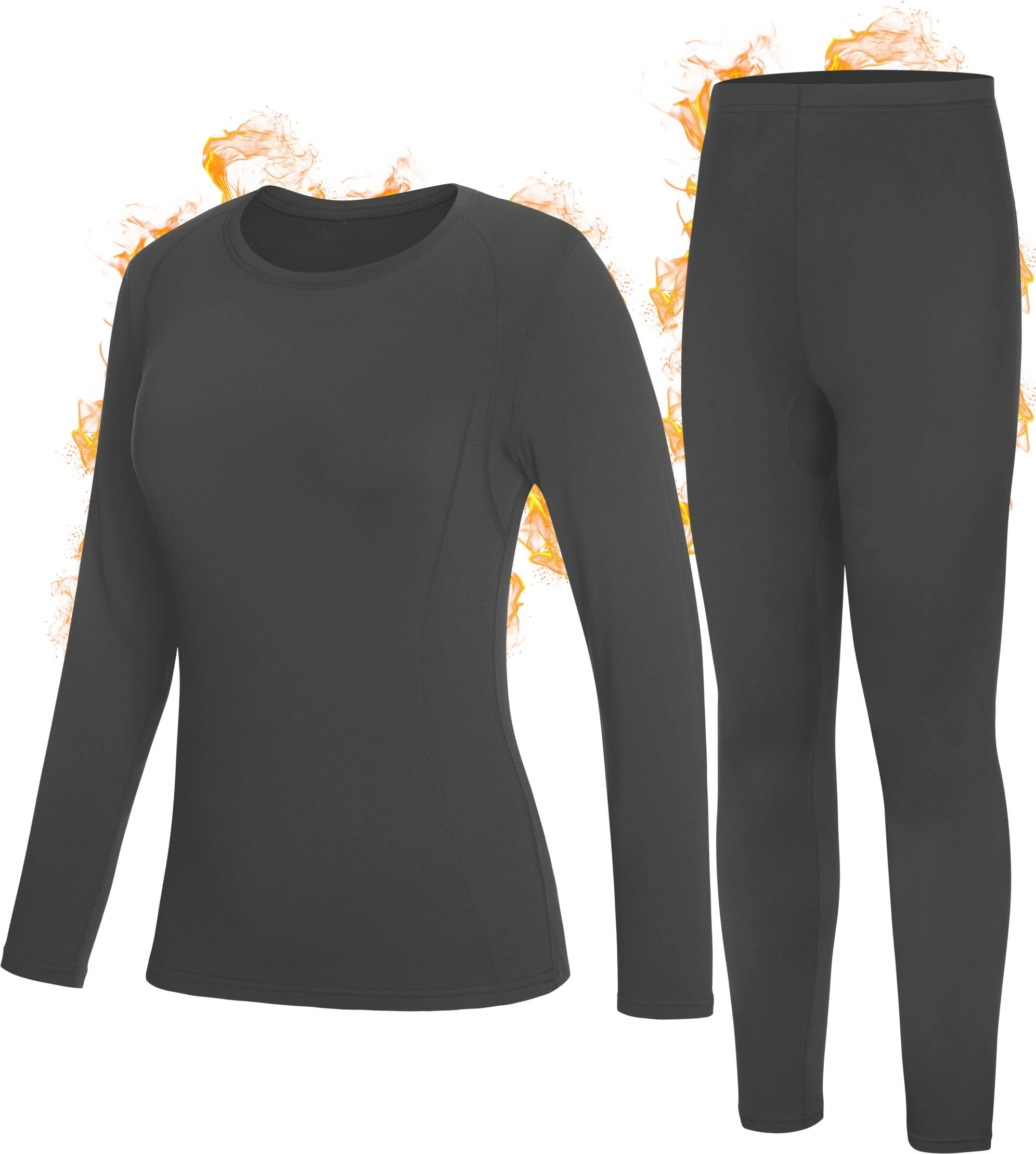 Roadbox Thermal Underwear Base Layer for Women Fleece Lined Crew Neck Long Johns Warm Top & Bootom Set Ski Winter Dark Gray