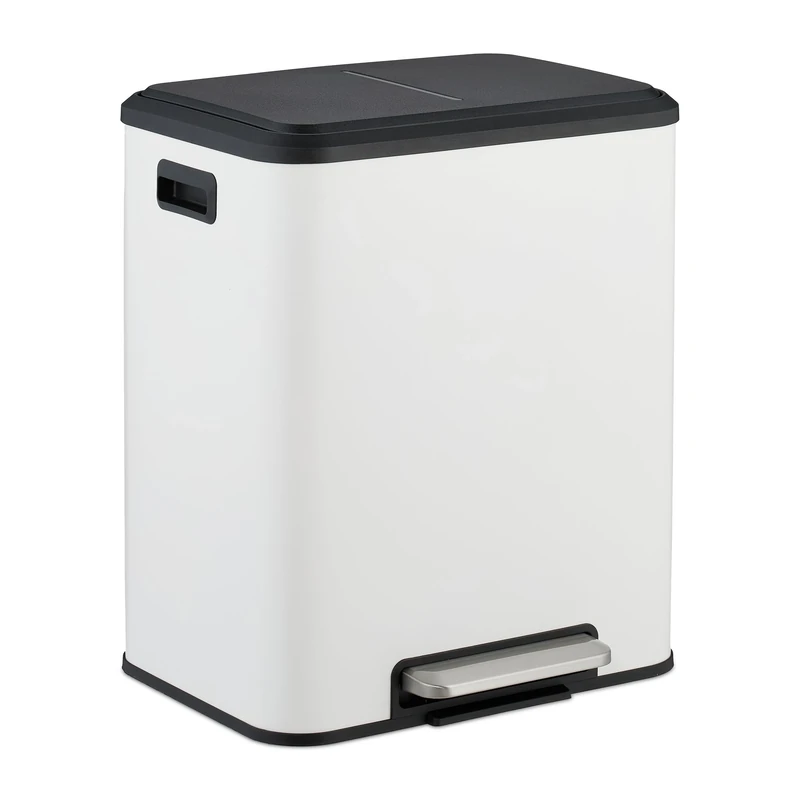 Relaxdays Kitchen Bin, 2 Compartments, 15 Litres Each, Inner Buckets, Foot Pedal, Recycling Dustbin, Soft-Close, White, 10% plastic 90% iron
