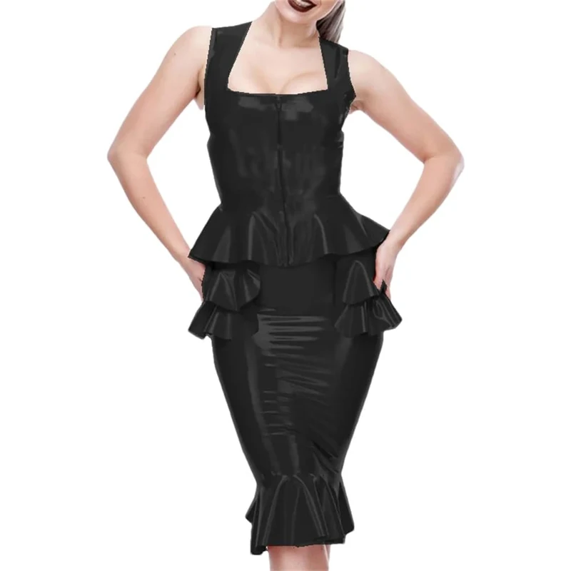 Niiyyjj Zipper Front 2-Piece Skirt Set - Crop Top & Ruffle Skirt, 5XL