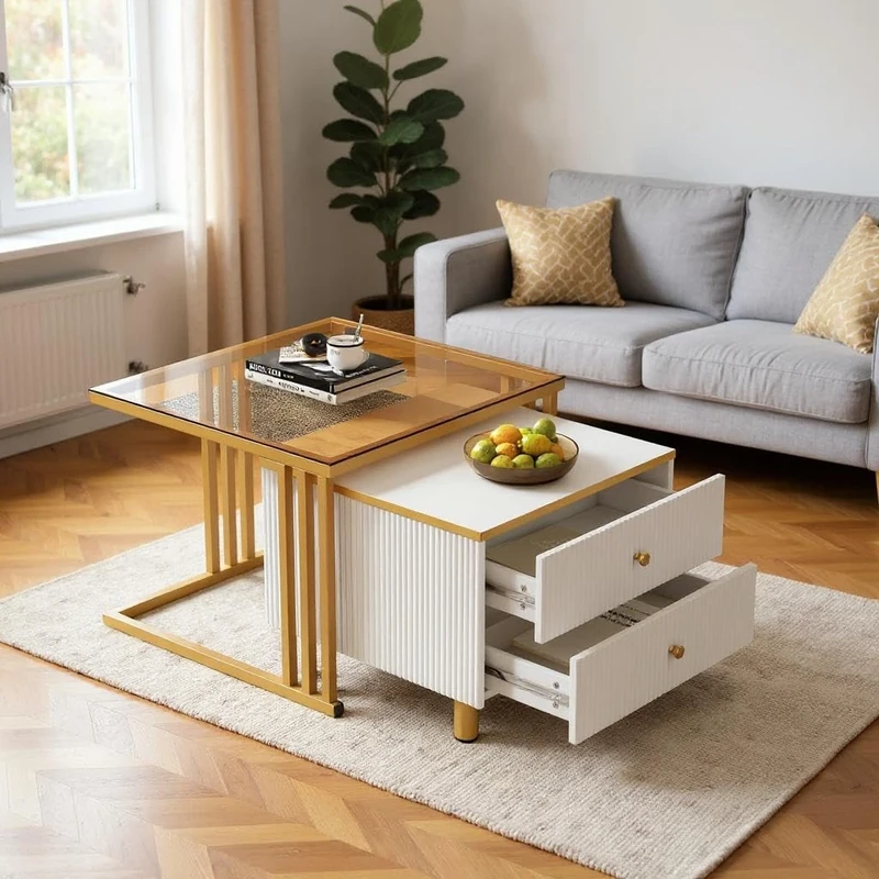 FurnitureR 1-Pack Gold+White living room Table, Modern Design, Wood+Plastic Material, Living Room Elegance, Space-Saving with Multifunctional Storage