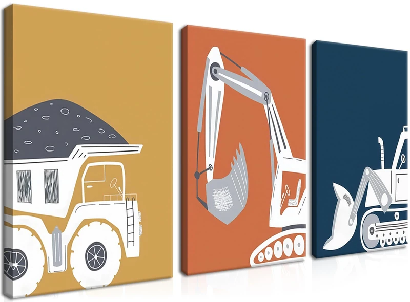 AKWISH Framed Nursery Construction Truck Wall Art Set of 3 – Cute Excavator Tractor Dump Truck Canvas Prints, Boys Bedroom and Baby Room Wall Decor, Playroom Vehicle Artwork – 16x24in