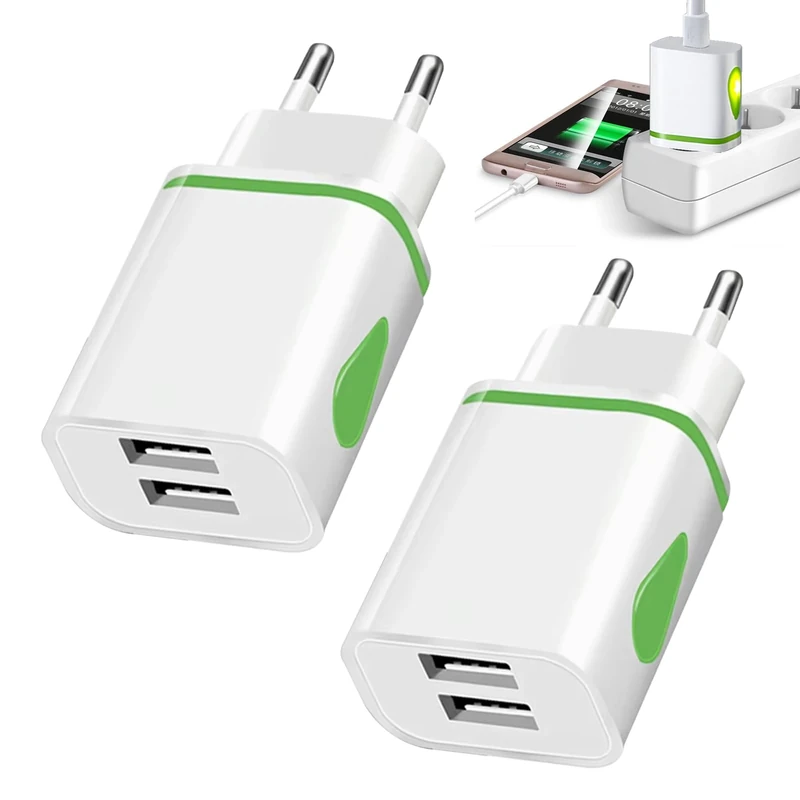 2PCS European USB Charger Plug, 2 Pin USB Plug, European UsbC Charger Plugs with 2 Usb Ports, for Iphone Samsung Shaver Toothbrush