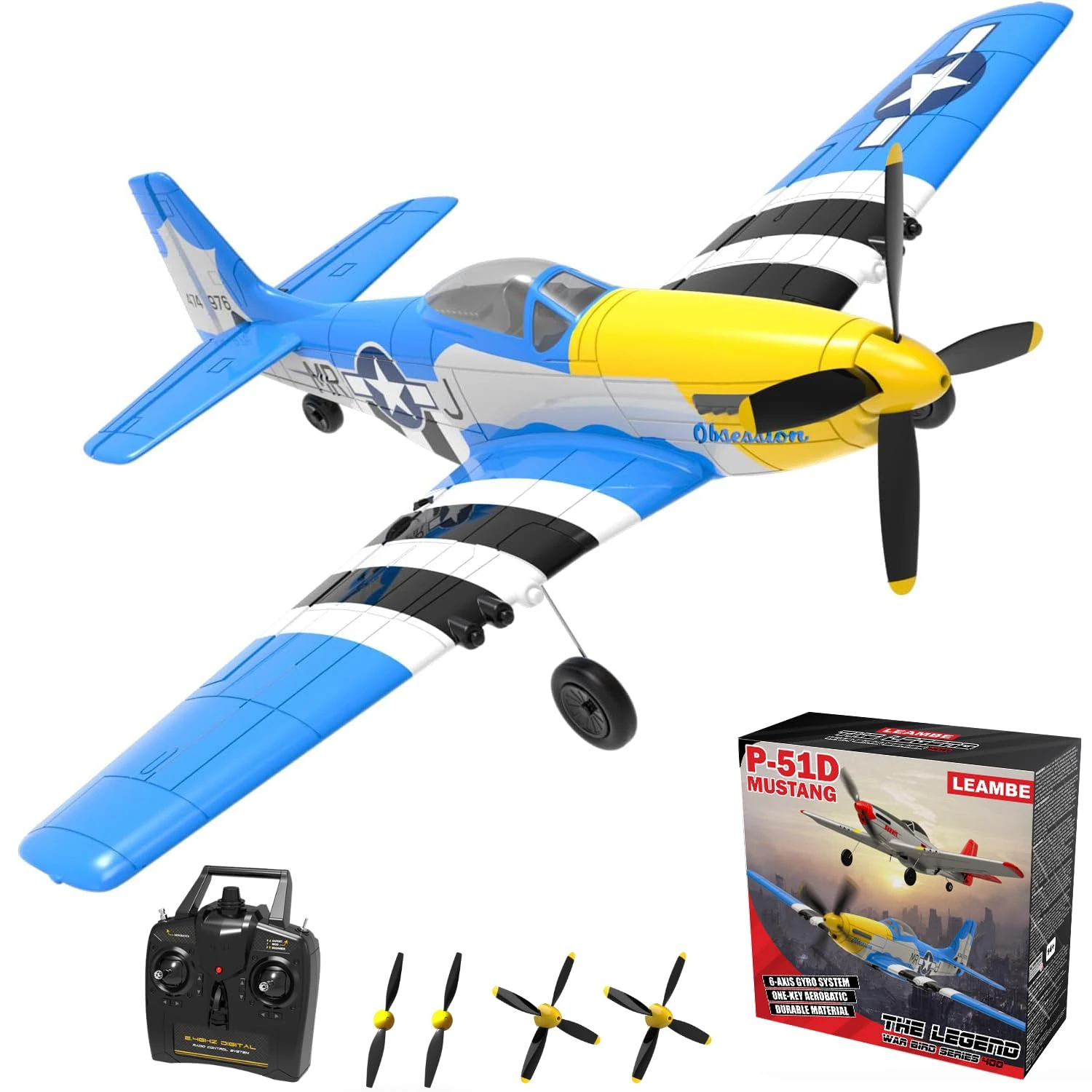 RC Plane, Remote Control Airplane 4 Channel Fighter with 6-Axis Gyro, Ready to Fly Upgrade P51 Mustang RC Airplane for Beginners Adult with Xpilot Stabilization System & One Key Aerobatic Blue