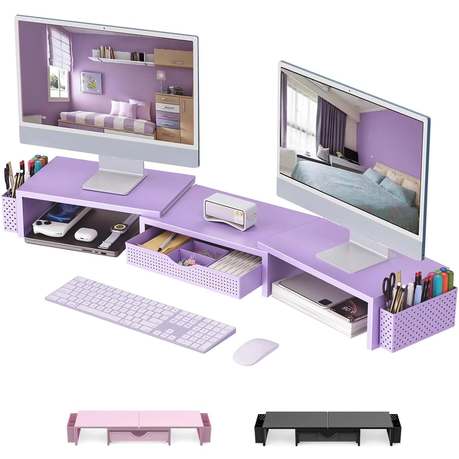 Pygocereri Dual Monitor Stand Riser, Metal Desk Accessories with Drawer and 2 Pen Holder, Adjustable Length and Angle - Computer Monitor Stand for Screen, Computer, Printer (Purple)