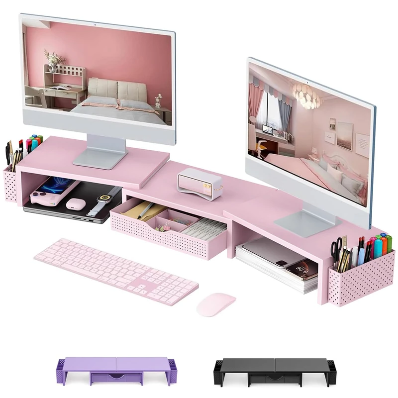 Pygocereri Dual Monitor Stand Riser, Metal Desk Accessories with Drawer and 2 Pen Holder, Adjustable Length and Angle - Computer Monitor Stand for Screen, Computer, Printer (Pink)