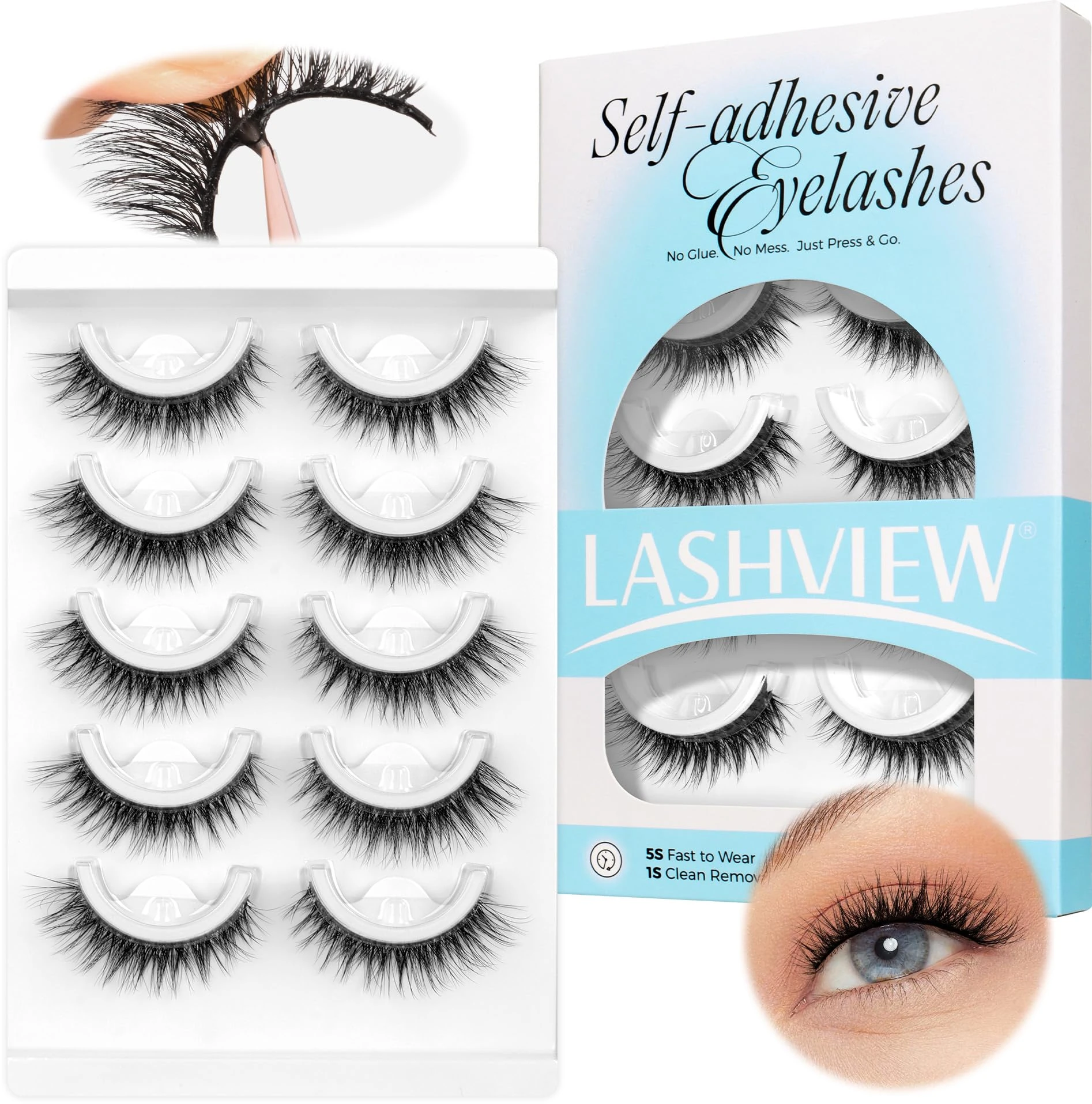 LASHVIEW Pre Glued Eyelashes 5 Pairs Reusable Self Adhesive Eyelashes Cat Eye Wispy Stick on Lashes Natural Look False Lashes with Replacement Adhesive Strips (CV122)