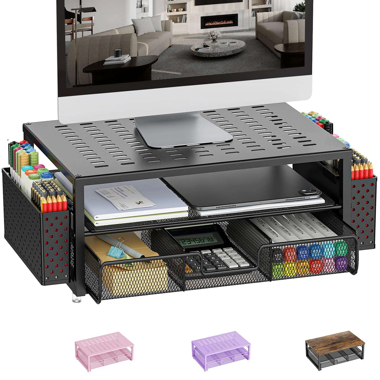 Pygocereri Monitor Stand Riser, Desk Accessories and Organizer with Drawer and 2 Pen Holder, Desk Monitor Riser for Screen, Ergonomic Desktop Stand for Work Office Accessories (Black)