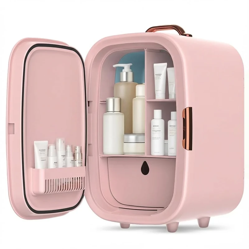 Mini Fridge 15L Cans Cooler and Warmer Portable Mini Fridge for Bedrooms with 3 LED Light Mirror, Beauty Fridges AC+12V DC Small Fridges for Skincare, Cosmetics, Car, Office, Drinks (Pink)