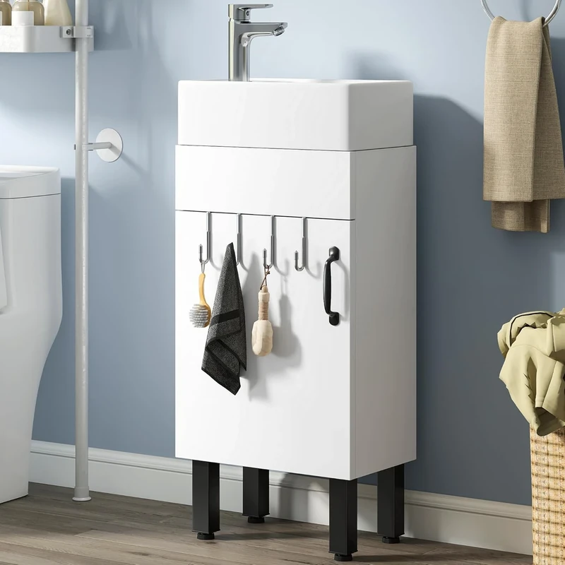 YITAHOME 40CM Bathroom Cabinet, Under Sink Cabinet with Door Bathroom Vanity with Sink Floorstanding Storage Cupboard with Feet Basin Unit with 2 Hooks, for Kitchen Home, White, Faucet Not Included