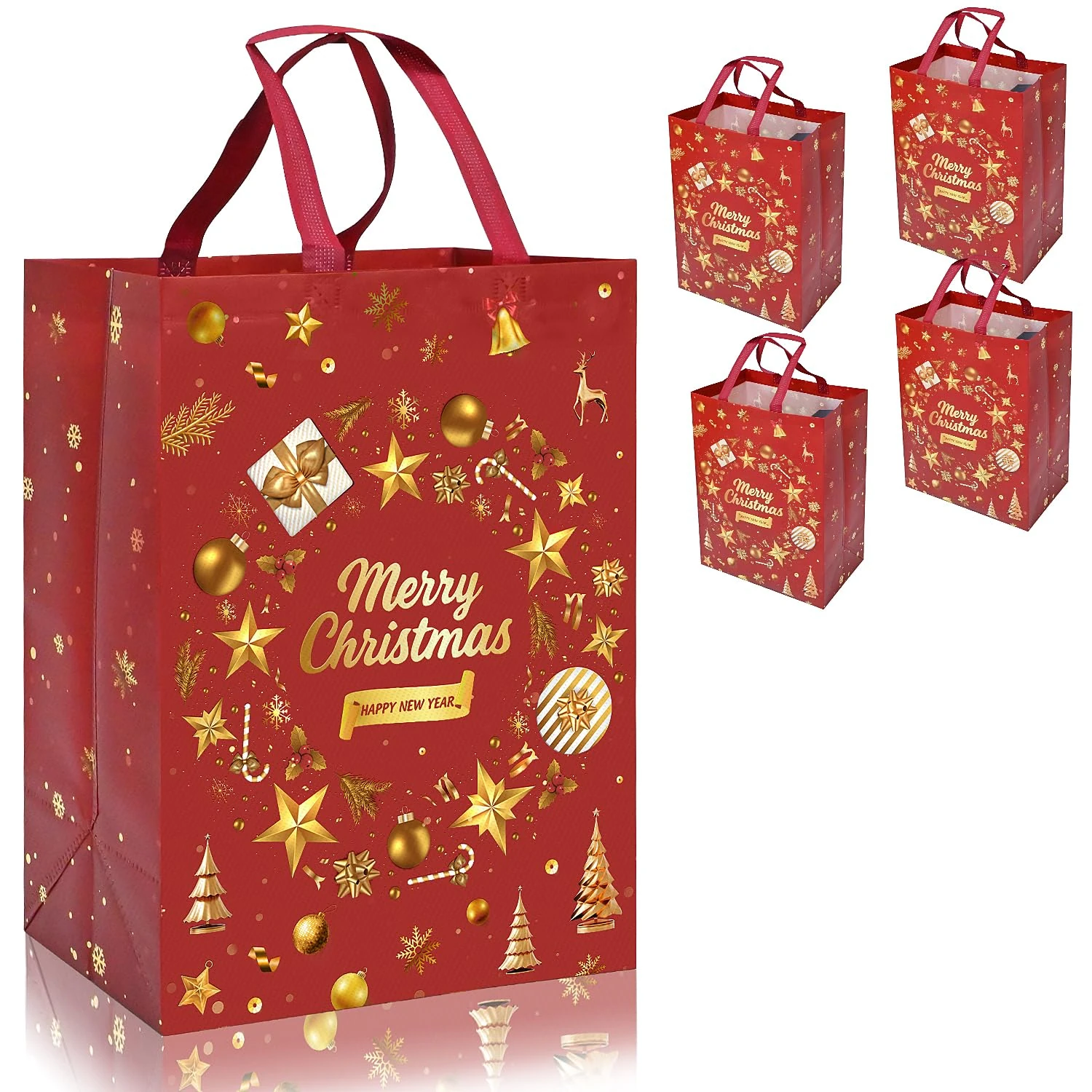 QRTDXP 4pcs Large Red Xmas Gift Bags for Presents,41 * 30 * 18cm Gold Tote Bags with Various Christmas Elements，Reusable Non-woven Bag with Handles