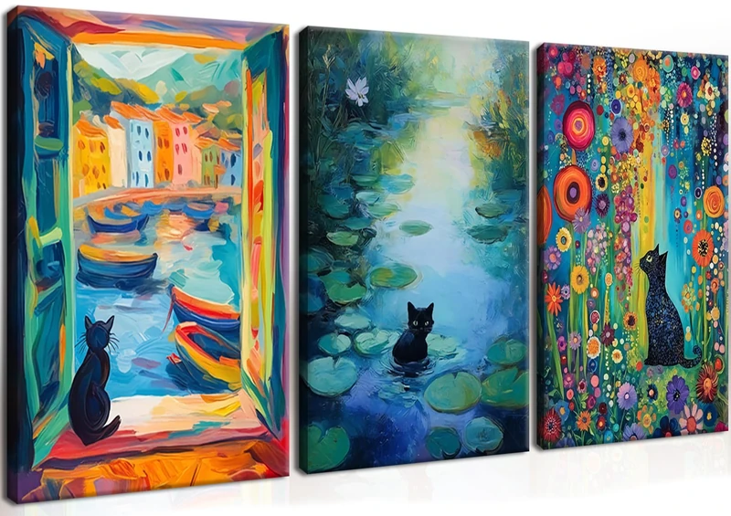 MUWAK Framed Funny Monet Black Cat Canvas Wall Art – Whimsical Matisse Cat Artwork Prints Wall Decor, Cute Animal Aesthetic Garden Pictures for Living Room Bedroom Kids' Room – 16x24in