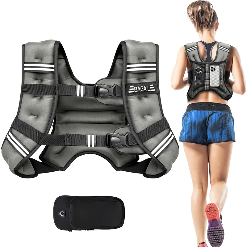 BAGAIL Weighted Vest for Strength Training, 10kg Weight Vest with Adjustable Bust Size, Reflective Stripe and Convenient Pocket, Ideal for Workouts, Yoga and Aerobic Exercises