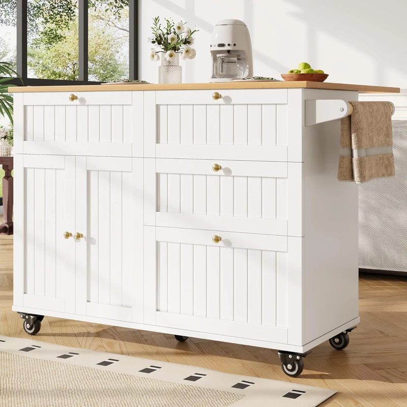 FurnitureR 1 Unit White Mobile Storage Island, Classic Design, Wood and Metal Structure, Kitchen Utility Cart, Versatile Organization and Easy Mobility