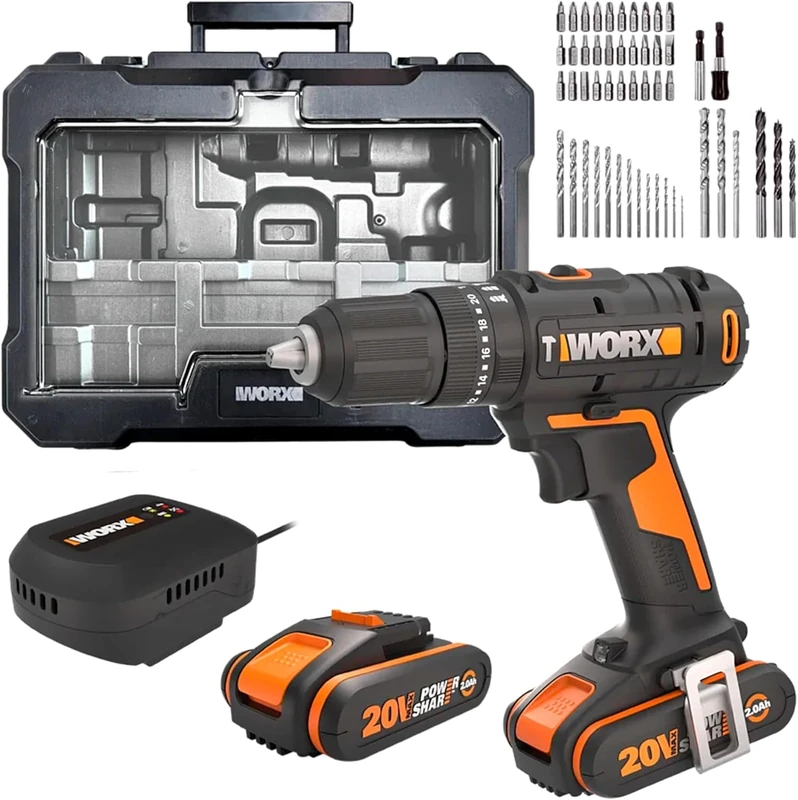 WORX Cordless Impact Drill 20V WX370.2, 3 in 1, Max Torque of 50Nm, 13mm Chuck (Multi-Material, 2 Speed, Lightweight and Ergonomic, with 1 Battery, Charger, Set of 51 Accessories, etc)