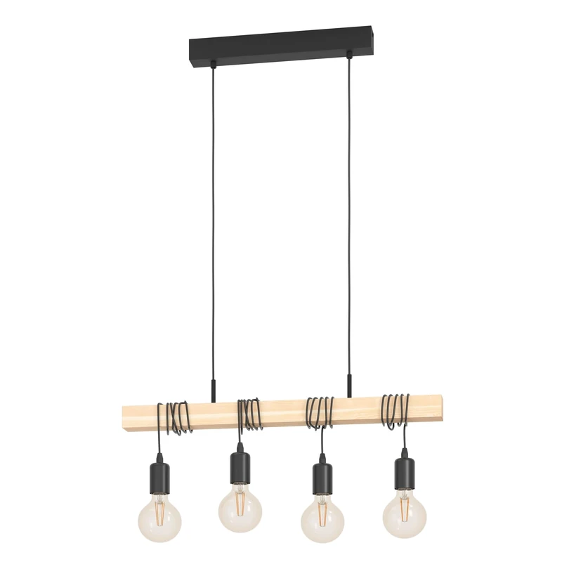 Eglo LED Pendant Lighting Townshend, 4-Light Vintage Hanging lamp for Dining Table, Wooden Ceiling Light Fitting Living Room, Light Wood and Black Steel, FSC, incl. E27 Light Bulb