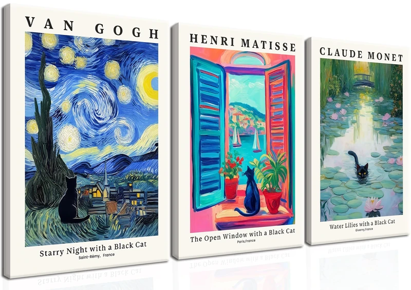 MUWAK Framed Black Cat Canvas Wall Art Set of 3 – Van Gogh Matisse Monet Inspired Paintings Art Prints, Funny Cat Aesthetic Pictures for Living Room Bedroom Bathroom – 16x24in