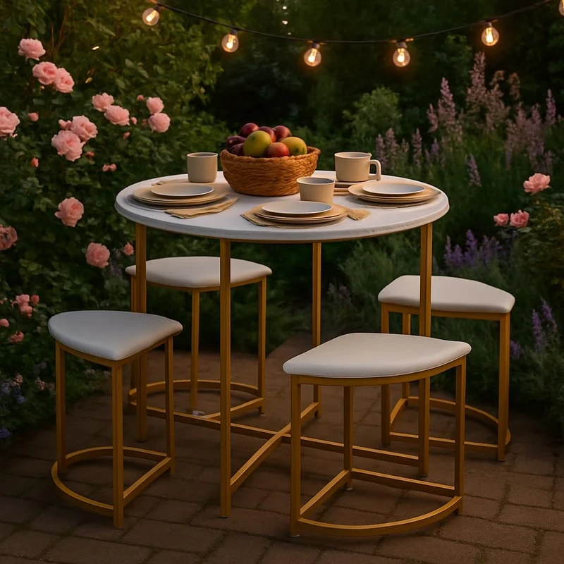 FurnitureR Modern Home Dining Set, Space-Saving Design, Gold Metal Frame with White Marble Top, for Compact Living Spaces, Durable and Stylish(1 Tbale and 4 Chairs Set)