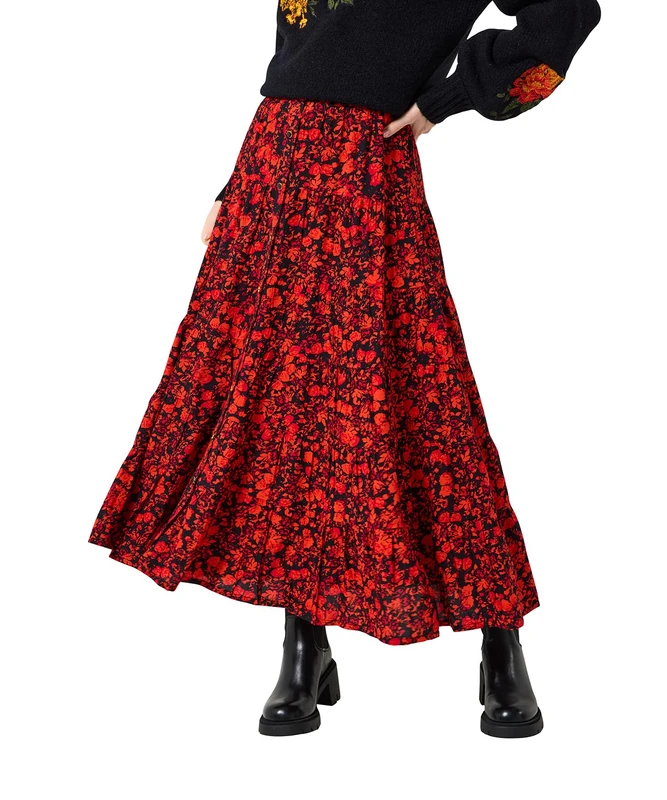 Joe Browns Women's Button-Front Tiered Floral Maxi Skirt, Regular, Orange, UK 8