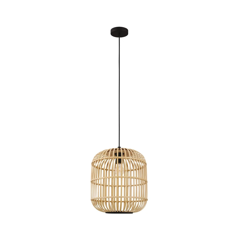 Eglo Pendant Lighting Bordesley, Boho Hanging lamp for Dining Table, Ceiling Light Fitting Living Room, Black Steel and Natural Wood, E27 Socket, Ø 34 cm