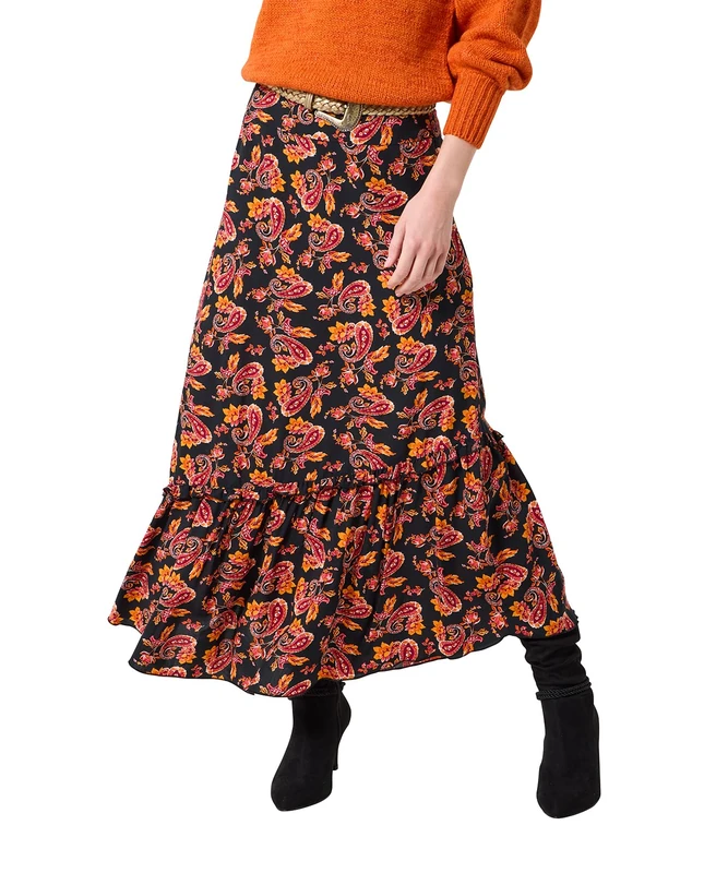 Joe Browns Women's Ruffle Trim Paisley Asymmetric Midi Skirt, Regular, Orange, UK 10