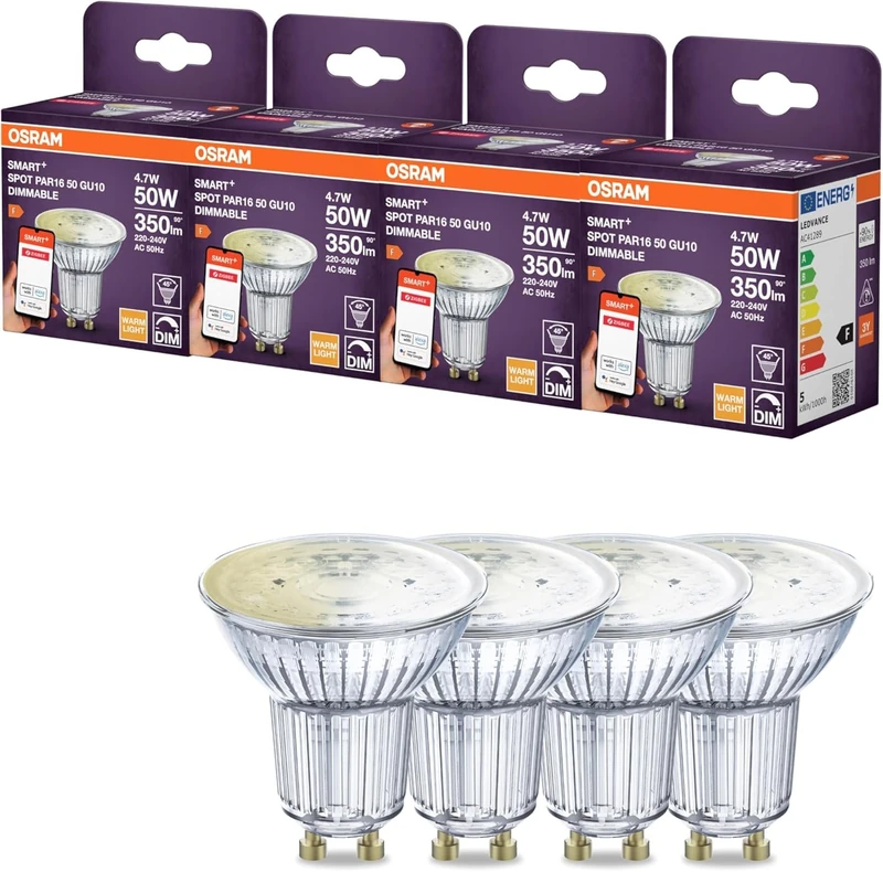 Osram Smart LED Spot PAR16 Reflector GU10, 4.7W ZigBee 3.0, Dimmable 2700K Warm White, App Control, Alexa, Smart Home, 4-Pack