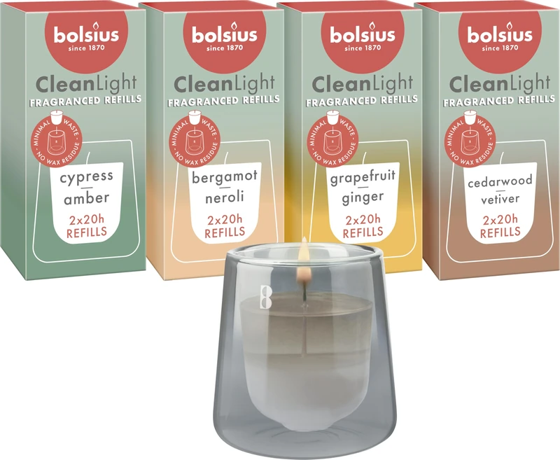 Bolsius - CleanLight Starter Set - Refillable Scented Candle - Holder & 9 Refills - Multiple Fragrances - Grey - Burning Time of 20 Hours - Natural Extracts & Vegan Wax - No Palm Oil