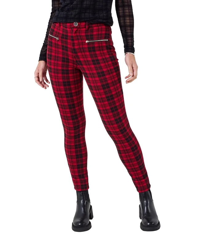 Joe Browns Women's Tartan Check Zip Detail Skinny Trousers, Regular, Red, UK 10