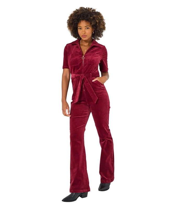 Joe Browns Women's Zip Front Belted Bootcut Cord Jumpsuit, Purple, 14 UK/Petite