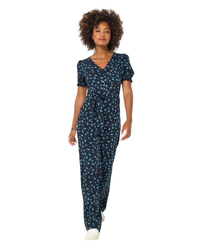 Joe Browns Women's Wide-Leg Ditsy Floral Jumpsuit, Black/White, 16