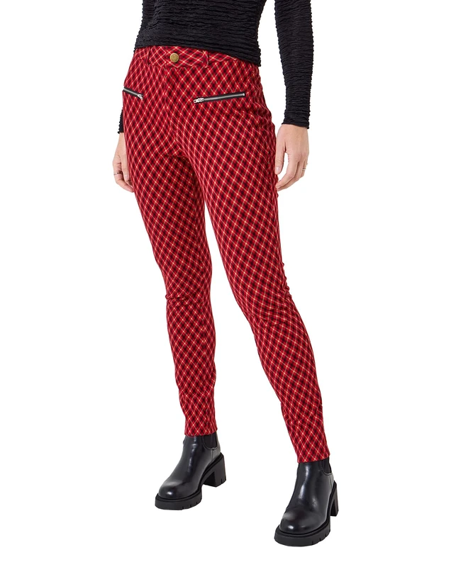 Joe Browns Women's Zip Detail Red Check Ponte Trousers Casual Pants, 16