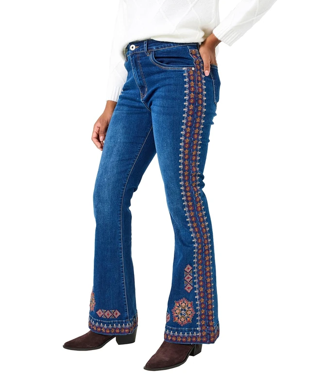 Joe Browns Women's Embroidered Detail Boho Flared Jeans, Regular, Blue, UK 14