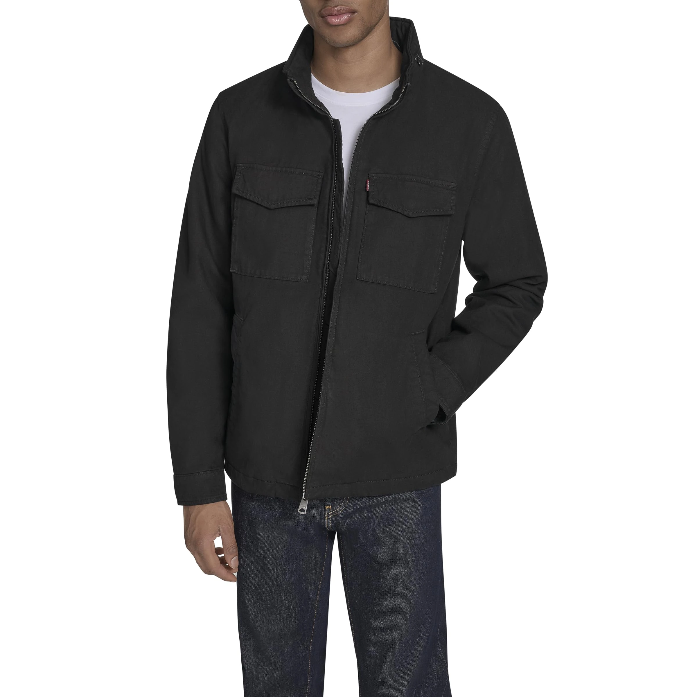 Levi's Men's Stand Collar Cotton Military Jacket with Hidden Hood, Black, XL