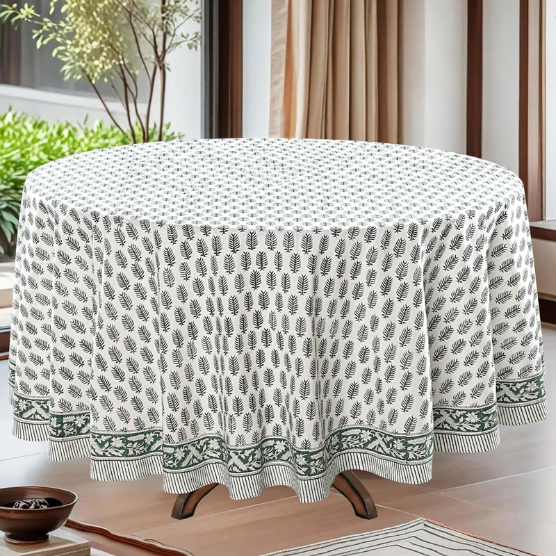 Ridhi Emerald Green Round Tablecloth 110 Inch 100% Cotton Hand Block Print Farmhouse Table Cover for Dining, Parties, Weddings, Easter, Fall Décor, Christmas Thanksgiving