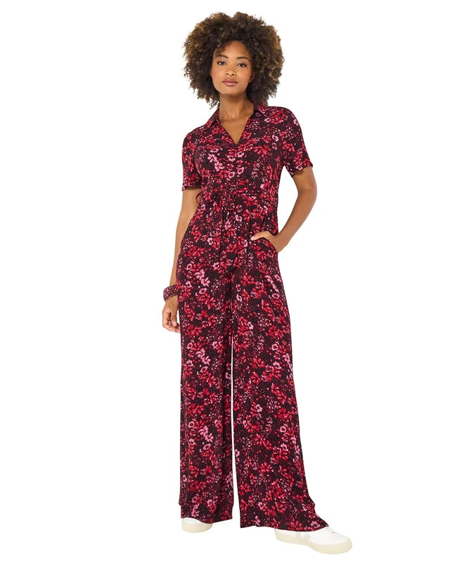 Joe Browns Women's Dark Floral Zip-Up Wide-Leg Jumpsuit, Petite, Red, UK 8