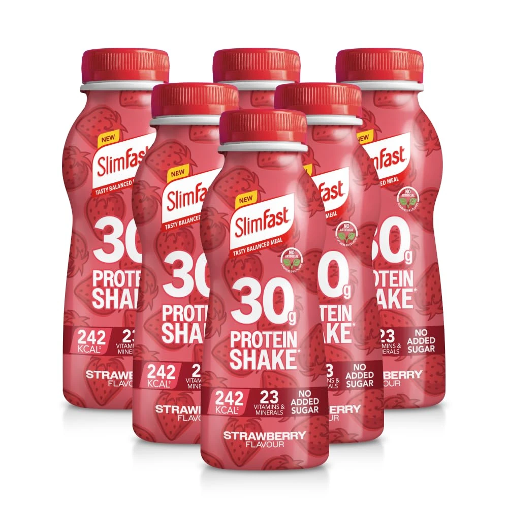 SlimFast Ready To Drink Shake, NEW Strawberry Flavour, High Protein Meal Replacement Shakes for Weight Loss and Balanced Diet, Vitamins and Minerals, No Added Sugar, 6 x 325 ml