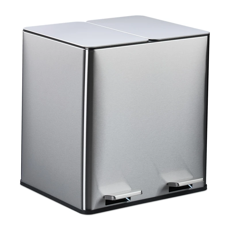 Relaxdays Kitchen Pedal Bin, 2x 15 Litres, Dustbin with Odour Filter, Waste Separation, Soft-Close Lid, Rubbish, Silver, Plastic, Stainless steel, 42 x 40 x 36.5 cm