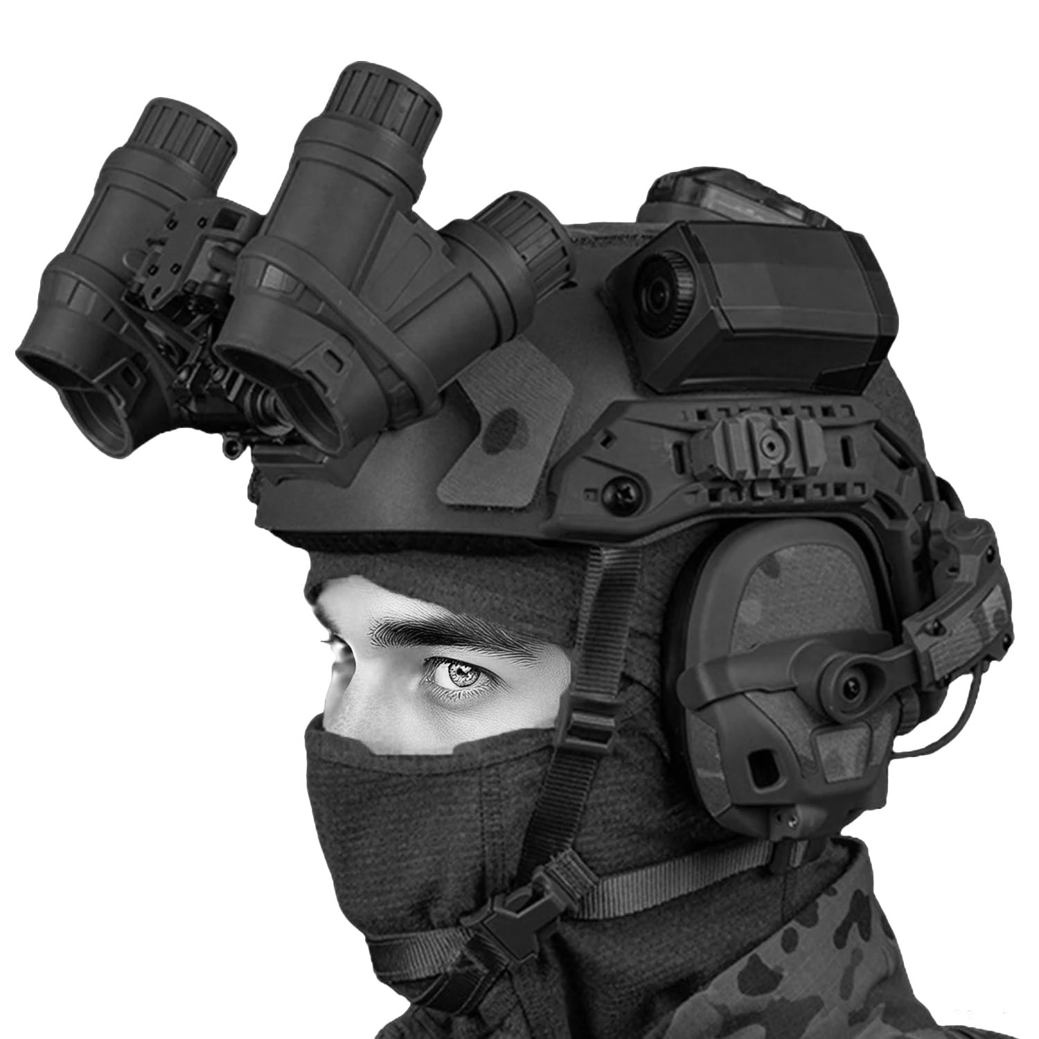 Tactical Fast Helmet and Airsoft Noise Canceling Pickup Headset Set, High Cut Helmet with Aluminium Alloy NVG Mount, Signal Light, NVG Model, Camera Model, for CQB Paintball Game(BK)