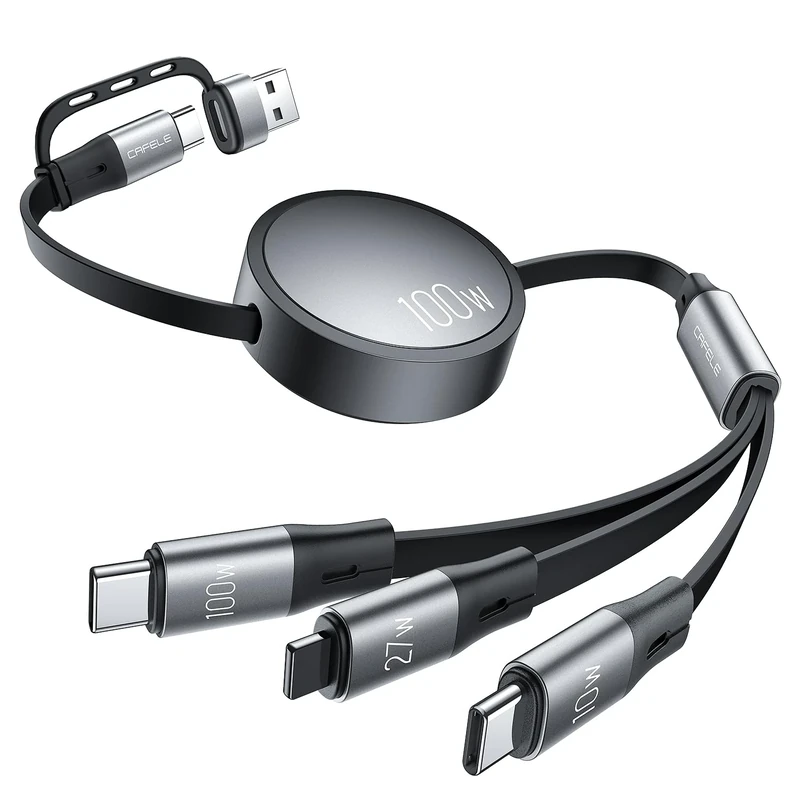 CAFELE Dual-USB-C Multi Charger Cable 6 in 1,100W PD3.10QC4.0 Fast Charging Retractable Cord,[100W+10W+L27W] USB A/C to 3 in 1 Multi Charging Cable,für 17 16 15,Galaxy S25,Pad MaBook Pro Air-110CM